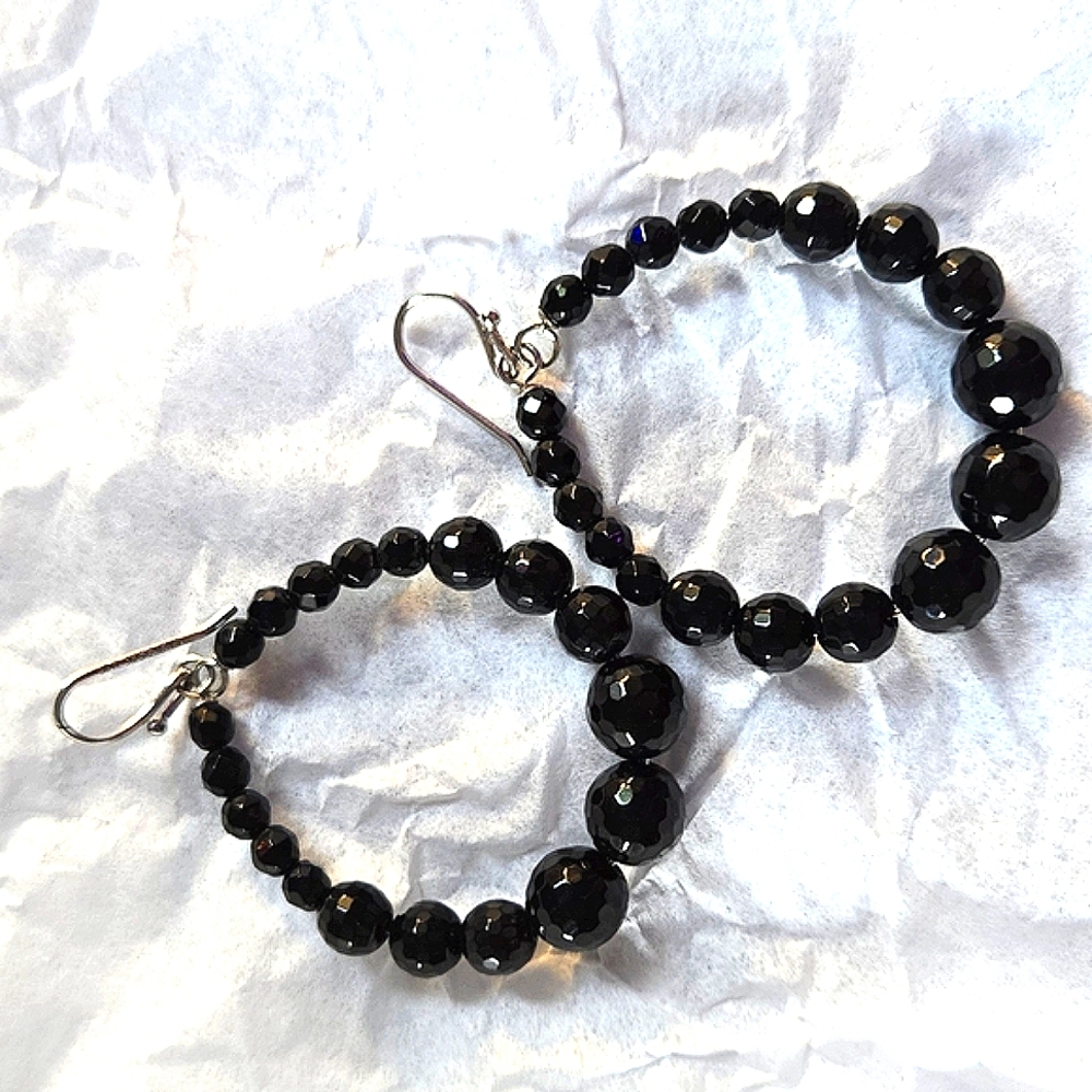 Elegant Black Hoop Earrings with Gemstone Faceted Beads 925 SS Hooks